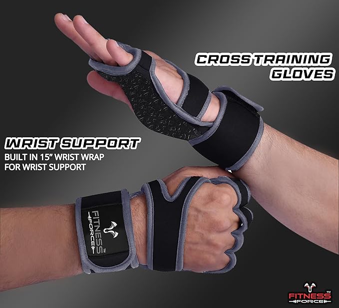FITNESS FORCE Ventilated Weightlifting Gloves Workout Gloves for Men & Women with Built-in Wrist Wraps Fingerless Gym Gloves for Men Perfect for Exercise Fitness, Weight Lifting, Cross Training