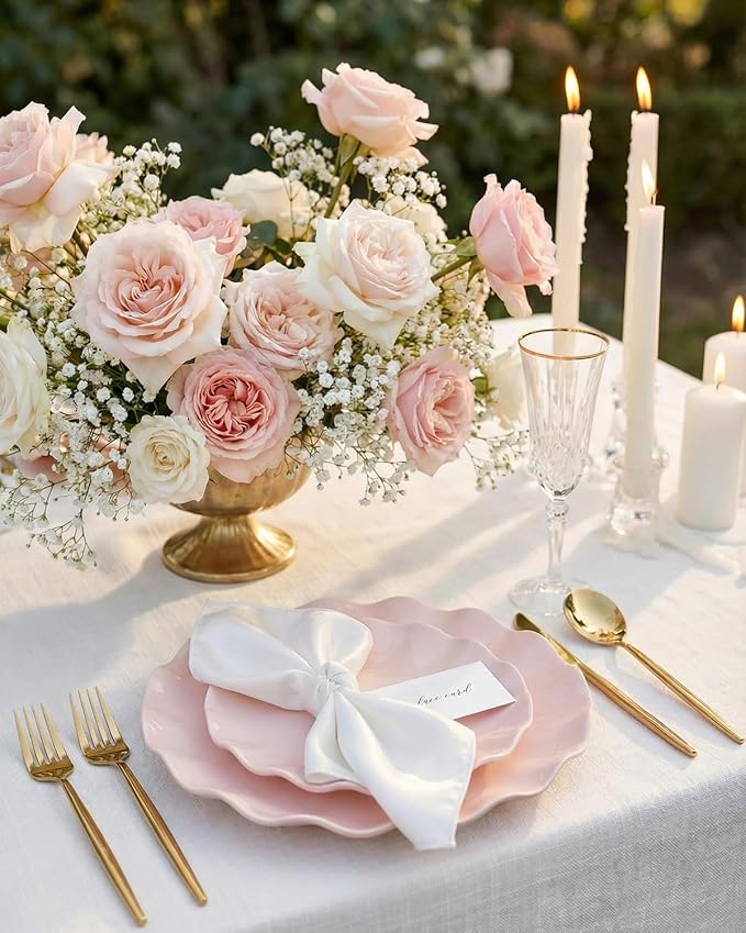 LIYH 24 Pcs Pink Plates Reusable, Pink Plastic Scalloped Plate Durable and Dishwasher Safe,Baby Shower Plate, Light Weight Daisy Plastic Wavy Plates for Wedding Party Birthday