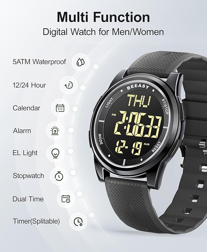 Beeasy Digital Watch for Men Women, 50M Waterproof, Ultra-Thin & Lightweight, 44mm Silicone Sports Watch with Alarm, Stopwatch, Countdown, Ideal for Gym, Running, School, Daily Wear