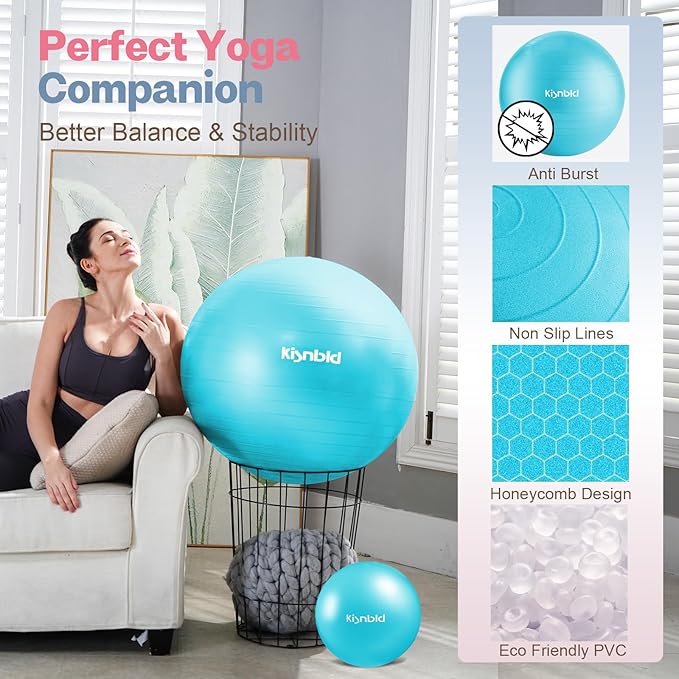 kisnbld Exercise Ball, Extra Thick Yoga Ball for Workout Pregnancy Stability, 4 Sizes Anti-Burst Balance Ball with Foot Pump - Heavy Duty Fitness Ball Chair for Office, Home & Gym