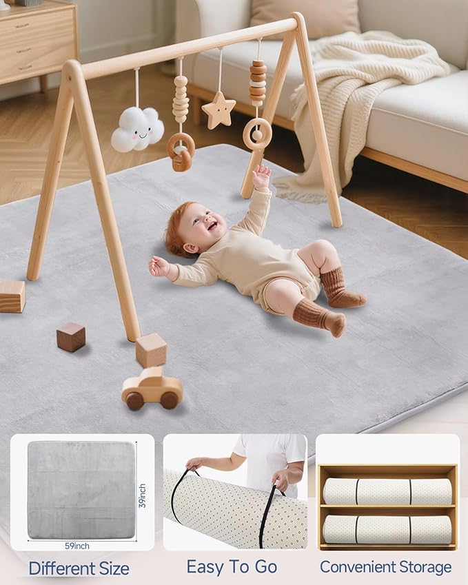 Thick Baby Play Mat for Floor,Padded Foam 59x39 Nursery Rug,Ultra Soft Support&Plush Feel Tummy Time Mat,Non Slip for Toddler,Infants,Kids Play,Yoga,Baby Crawling (Light Grey)