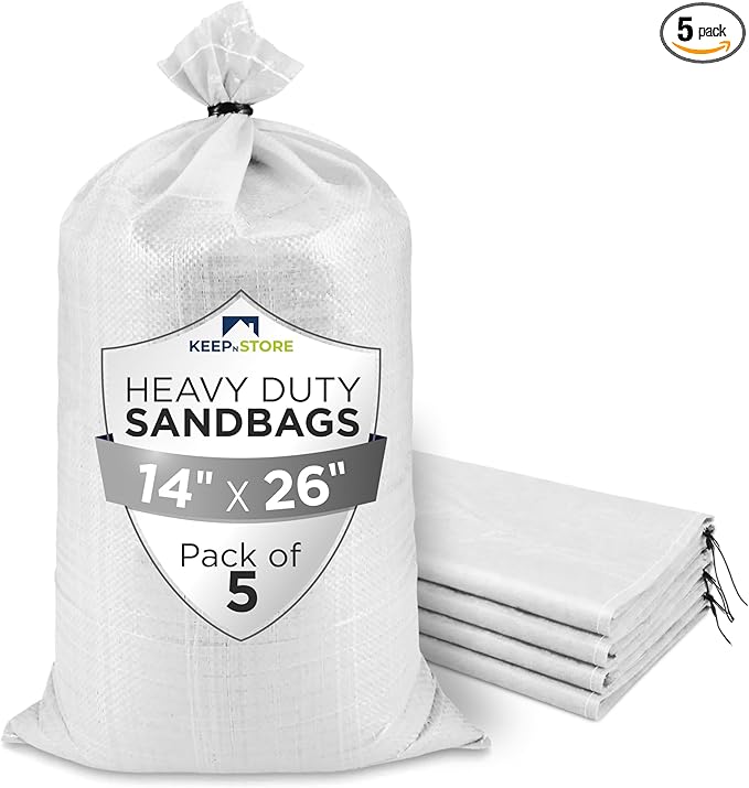 Heavy Duty Sand Bags Pack of 5, White Empty Sandbags with Built-In Ties, Woven Polypropylene UV Protection 1600 Hours, Fillable Bags for Flood Control, Weight, 14x26 inches, 50 Pounds Volume