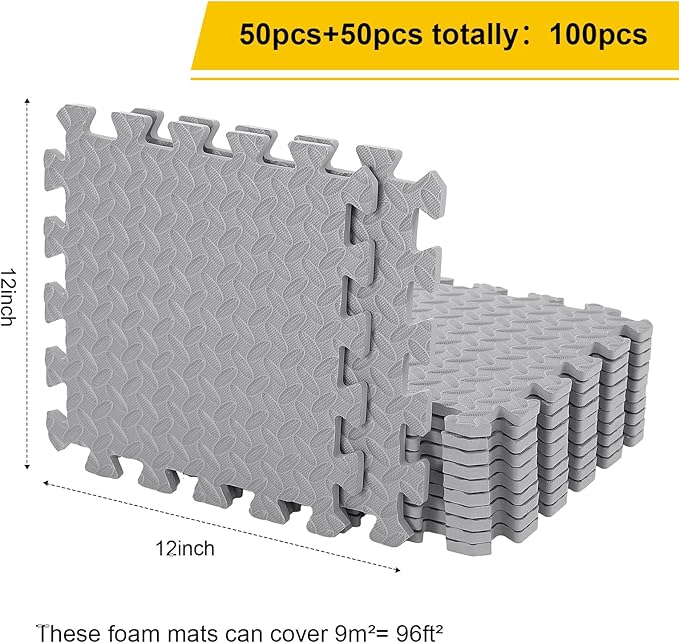 Ecally 100 Pcs 12 x 12 Gym Mat Foam Floor Mats for Home Gym Covers 96 Sq Ft Puzzle Exercise Square Interlocking Carpet Tiles with Border for Workouts Equipment Yoga Pilates (Gray)