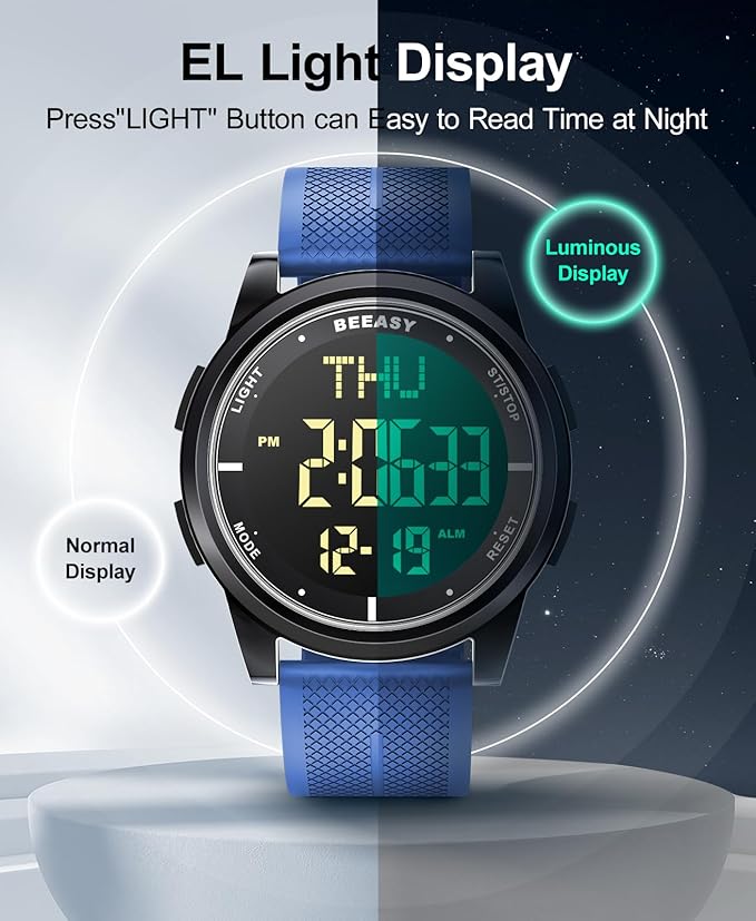 Beeasy Digital Watch for Men Women, 50M Waterproof, Ultra-Thin & Lightweight, 44mm Silicone Sports Watch with Alarm, Stopwatch, Countdown, Ideal for Gym, Running, School, Daily Wear