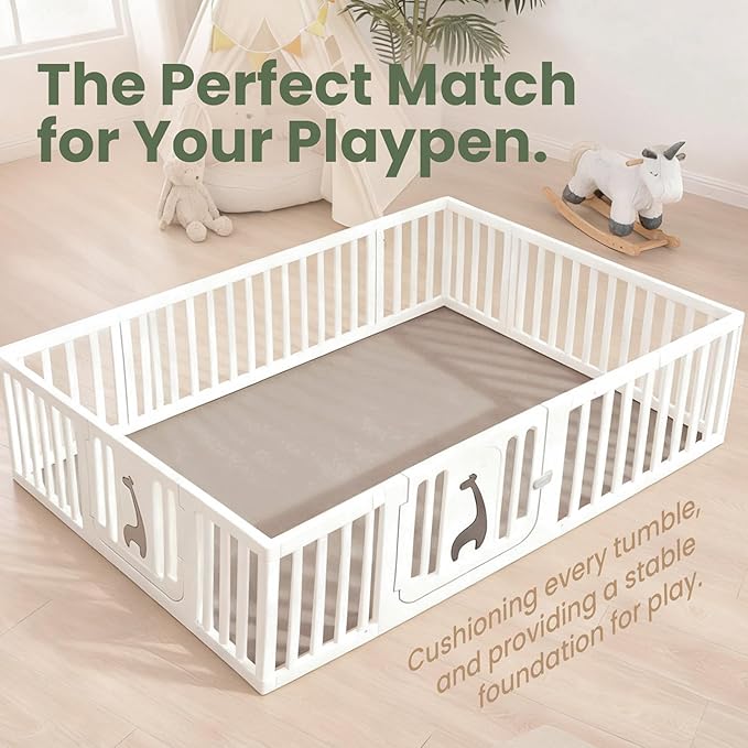 Baby Play Mat for Floor,Extra Large 59"×71" Playpen Mat for Tummy Time,Thicker Padded Elasti Foam Activity Mats,Water Repellent Ultra Soft Velvet,Non-Slip Backing Safe(Beige)