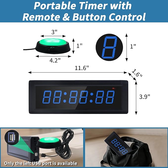 Gym Timer Clock with Remote Control & Push Button,7 RGB Color, Programmable Interval Timer, Countdown/Up Stopwatch,Wall Clock for Home Gym Garage,Portable Training Accessories(Battery)