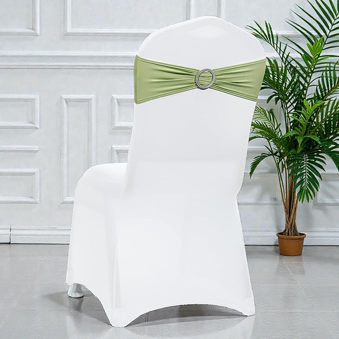 VDS - Sage Green | Spandex Chair Sashes Bows | 100 PCS | Stretch Elastic Banquet Universal Folding Chair Band Tie with Silver Buckle Slider for Wedding Party Conference Celebration Event Decoration
