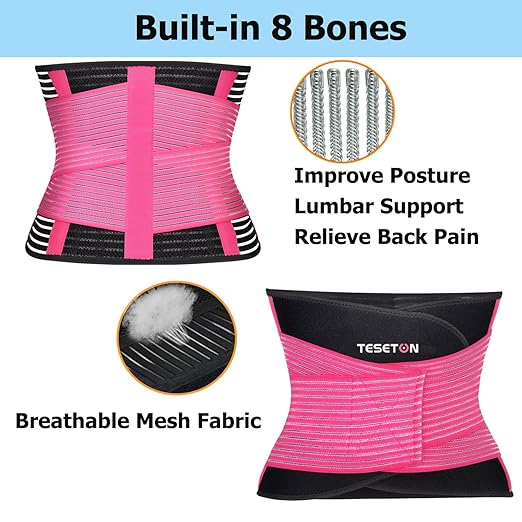 TESETON Back Support Brace Belt for Men & Women, Breathable Lumbar Support Belt, scoliosis back brace, Waist Relax Lower Back Pain & Sciatica Pain Relief with 8 reinforced Bones 02 Pink-XXL