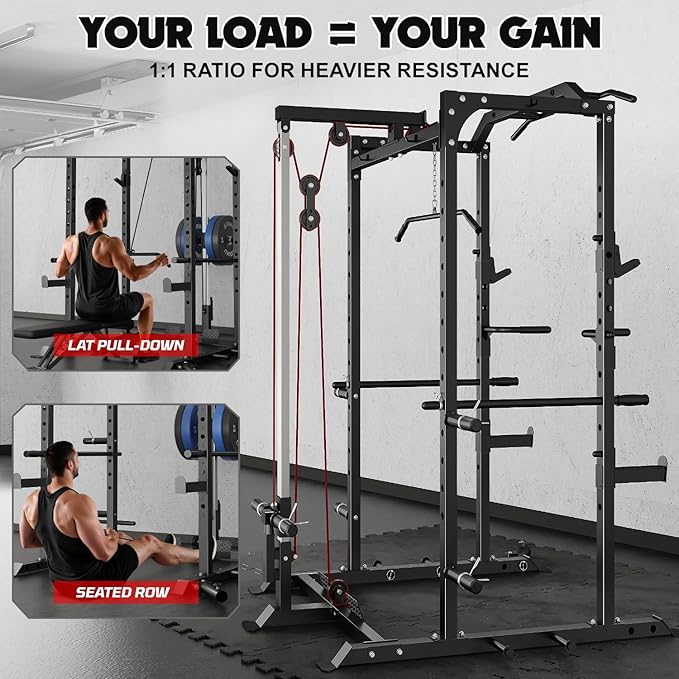 C1-V4 Power Cage, 2000LBS Squat Rack with LAT Pulldown, Multi-Function Weight Cage Strength Training Machine, Workout Cage with More Attachments for Home Gym Garage