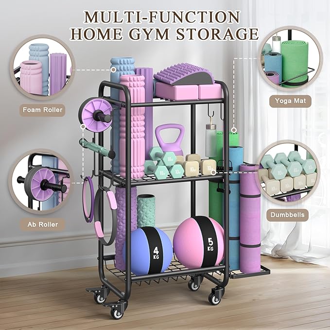 Multi-Functional Home Gym Storage Rack - Yoga Mat Storage Rack, Dumbbell Weight Rack & Workout Equipment Storage with Heavy-Duty Steel Construction for Gym Fitness Organizer