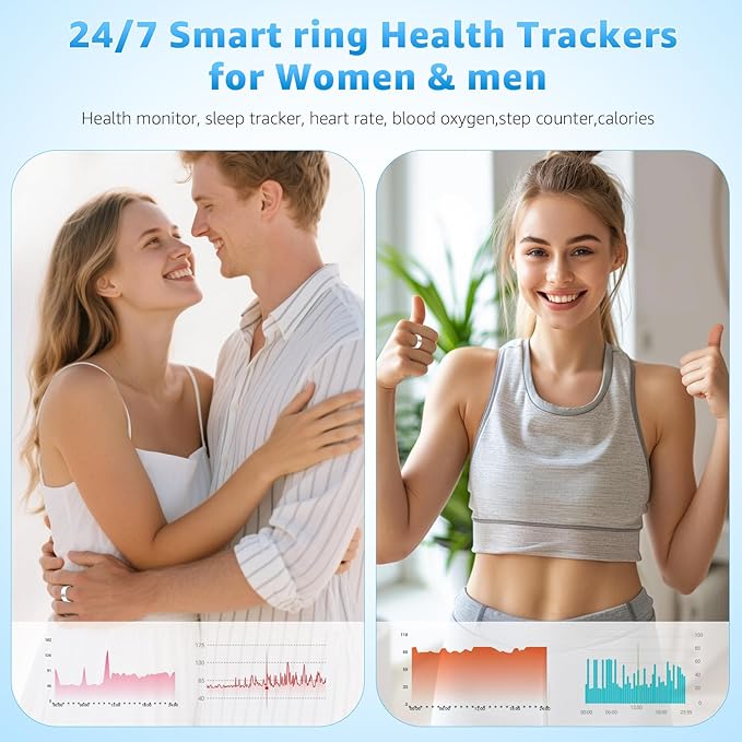 Smart Ring Health Tracker for Women & Men, Fitness Ring with Heart Rate Blood Oxygen, Sleep monitor, Step Tracker, IP68 Waterproof Compatible with iOS & Android, No Subscription Fee (Silver, 6)