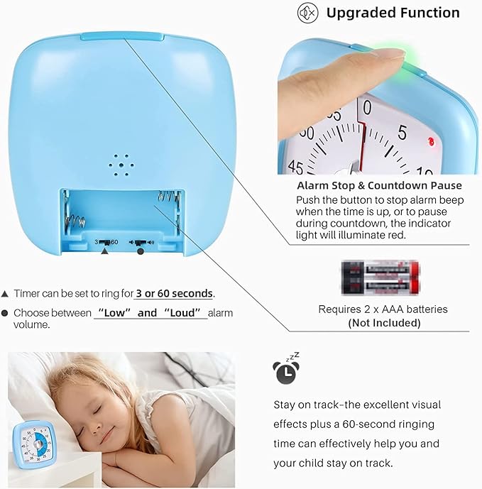 Secura 60-Minute Visual Timer, Silent Study Timer for Kids and Adults, Time Clocks, Time Management Countdown Timer for Teaching (Blue)