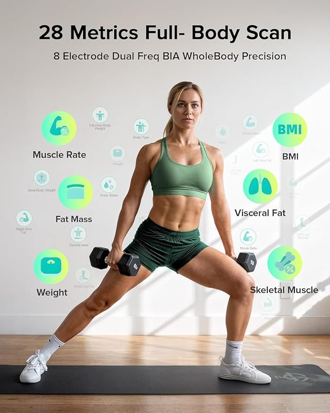RunStar Smart Scale for Body Weight, Full-Body Bathroom Scale with 8 Electrodes for BMI, Muscle Mass, 3-Metric Display, High-Accuracy Body Composition Monitor with 28 Metrics & App Connectivity