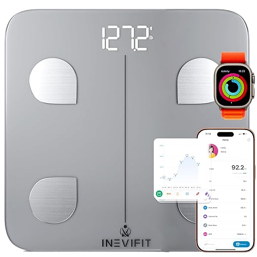 INEVIFIT Smart Body Fat Scale, Highly Accurate Bluetooth Digital Bathroom Body Composition Analyzer, Measures Weight, Body Fat, Water, Muscle, Visceral Fat & Bone Mass for Unlimited Users