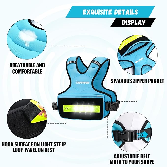Adjustable Weighted Vest for Women Men, 6-15 Lbs/12-18 Lbs Rucking Vest with LED Light Strips, Weight Vest with 6 Ironsand Weights, and Zipper Pocket for Strength Training, Walking, Running