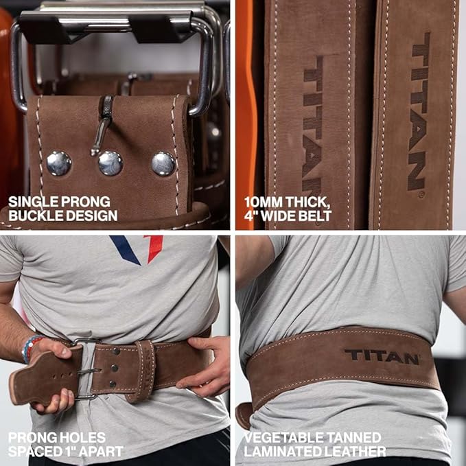 Titan Fitness MAXXUM Weightlifting Belt, 4" Wide x 10mm Thick Vegetable-Tanned Leather, Adjustable Single Prong Buckle for Powerlifting, Deadlifts, Weight Training & Bodybuilding