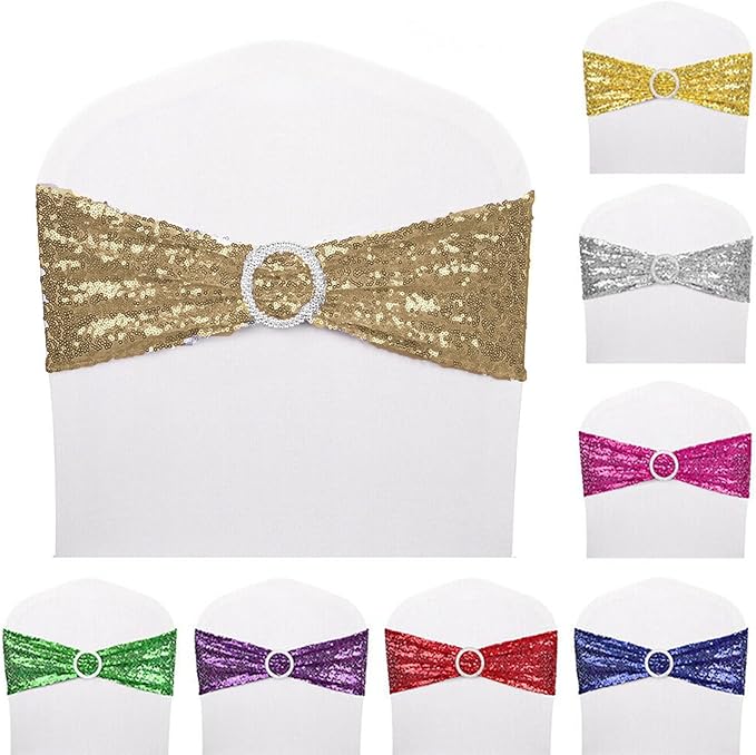 Dimatic 25 PCS Stretch Sequin Chair Sashes Chair Stretchy Spandex Bands for Wedding Reception Events Banquets Chairs Decoration (Champagne)