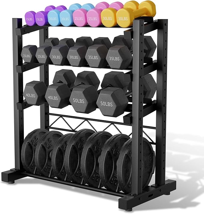 1100LBS Weight Rack for Home Gym, Upgraded 4-Tier Dumbbell Rack, Barbell Holder Bumper Plate Storage Rack with Adjustable Height & Width Design, Heavy Duty Weight Storage Organizer (Rack Only)