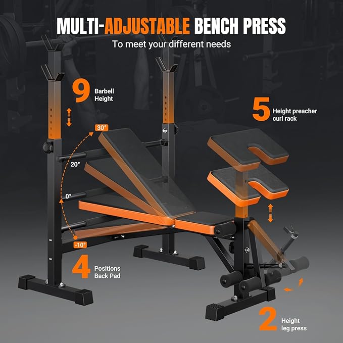 YOLEO 6 in 1 Space Saving Weight Bench with Rack, Fast Folding & Adjustable Workout Bench, Bench Press Rack/Leg Extension/Preacher Curl/Sit Up(1-Step Folding & Easy Assembly)
