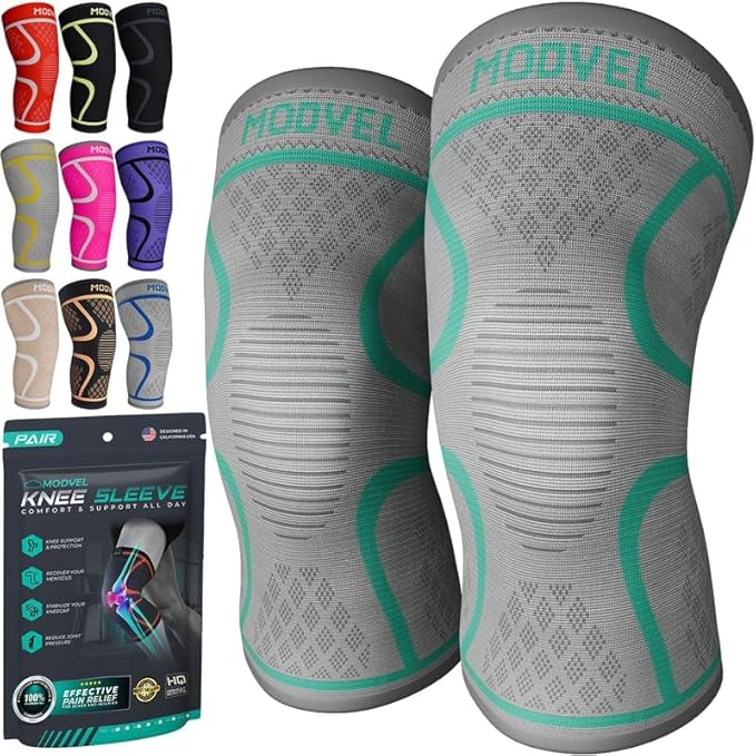 Modvel Compression Knee Brace for Women & Men - 2 Pack Brace for Women Running Knee Pain, Knee Support Sleeve, Workout Sports Braces for Meniscus Tear ACL & Arthritis Pain Relief GreyTurquoise X-Large