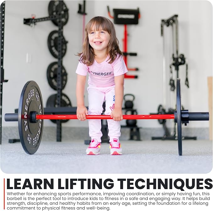 Synergee Kids 5lb Barbell Child’s Weightlifting Bar with 2" Sleeves. Beginner Training Bar for Boys & Girls. Youth Fitness & Strength Training – Available in Orange, Blue, or Pink.