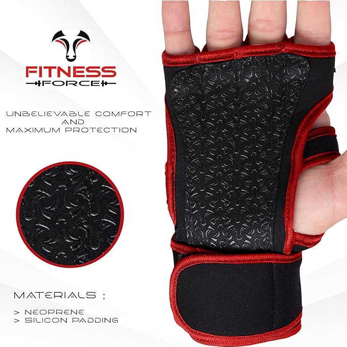 FITNESS FORCE Ventilated Weightlifting Gloves Workout Gloves for Men & Women with Built-in Wrist Wraps Fingerless Gym Gloves for Men Perfect for Exercise Fitness, Weight Lifting, Cross Training