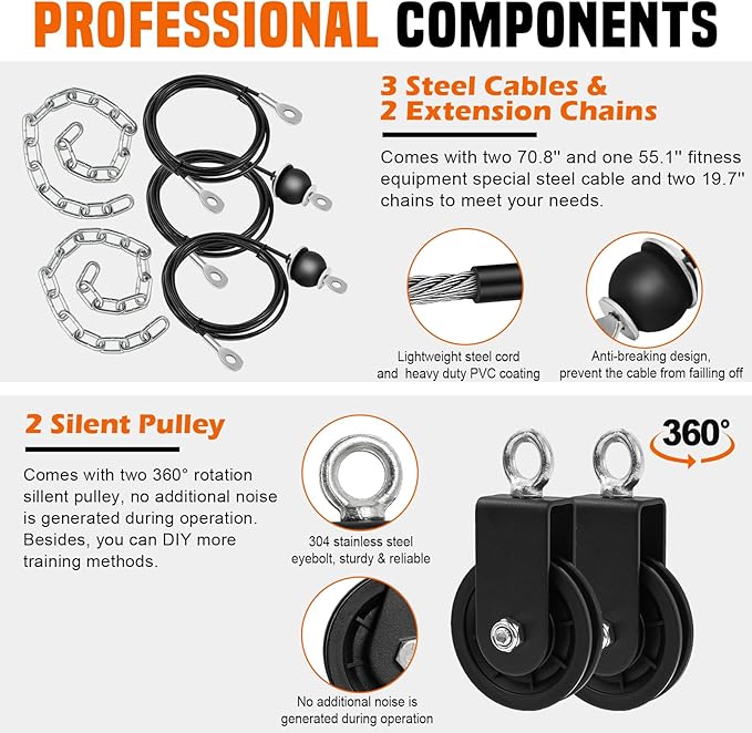 SERTT Weight Cable Pulley System Gym, Upgraded Cable Pulley Attachments for LAT Pull Down, Biceps Curl, Tricep, Arm Workouts - Home Gym Add On Equipment