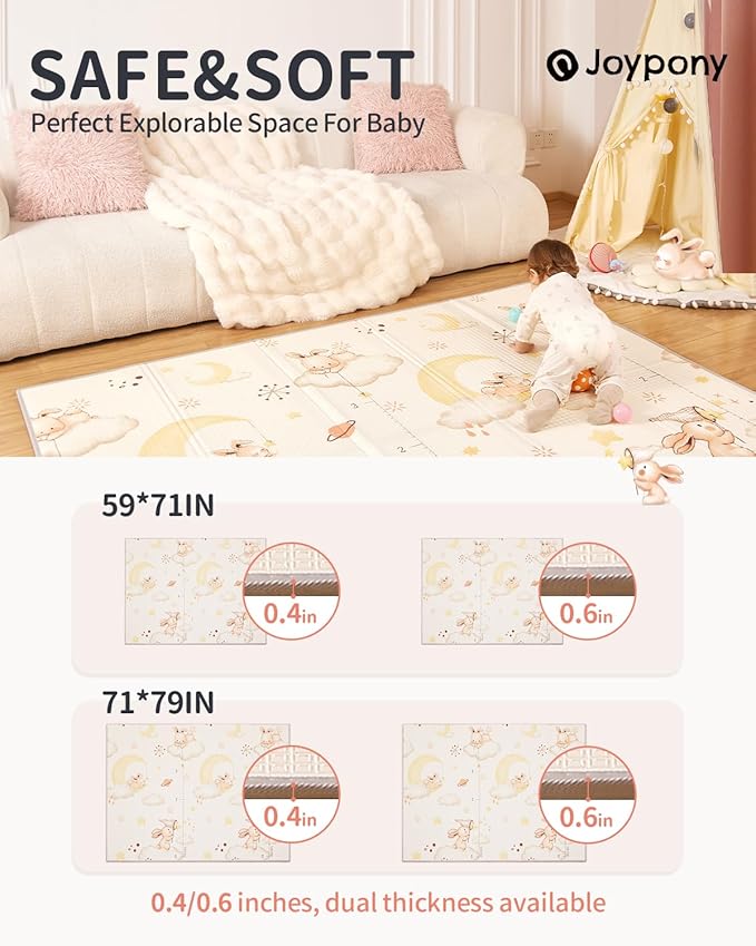 Baby Play Mat 79" X 71" X 0.6", Fabric Version Extra Large Thick Reversible Foldable Play Mats for Babies and Toddlers, Anti-Slip Portable Baby Floor Mat for Tummy Time with Travel Bag
