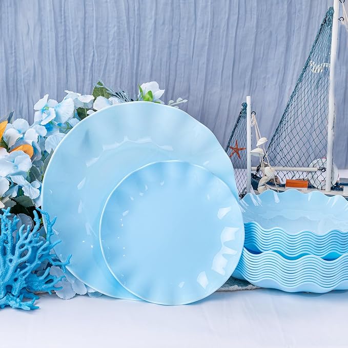 LIYH 24 Pcs Blue Plastic Plates Reusable - Unbreakable Light Blue Easter Scalloped Plates, Dishwasher Safe Camping Plate for Parties, Birthday, Picnics, BPA Free (12Guests)