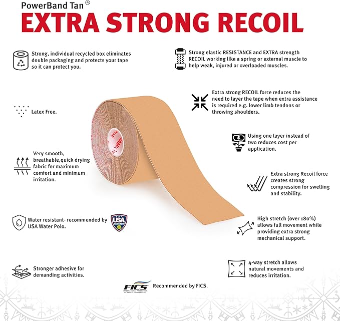 Dynamic Tape Powerband Max Strength & Resistance Biomechanical Athletic Tape | 4 Way Stretch & Stronger Recoil than Kinesiology Tape | Designed for Sports, Muscle & Joint Load Management | 2" (1 Roll)