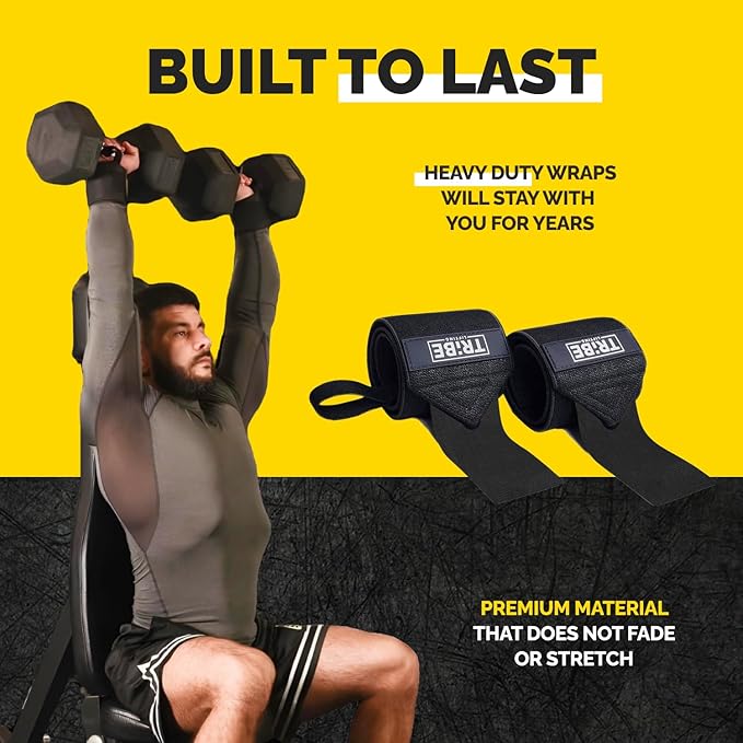 Tribe Lifting Heavy Duty Wrist Wraps & Lifting Straps for Weightlifting - Wrist Straps for Weightlifting Men with Silicone Grip & Padding - Gym Wrist Wraps and Lifting Straps