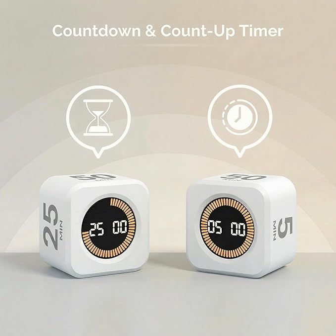 KADAMS Pomodoro Timer Visual - Productivity Pomodoro Cube, 5/10/25/50 Min Countdown & Countup, Silent – Ideal for Work Study Cook Workout Kitchen School Classroom Office Gift Kids (1, White)