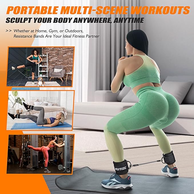 KUTIZE Ankle Resistance Bands with Cuffs for Women & Men - 3-Level Adjustable Leg & Glute Workout Equipment, Portable Home Gym Exercise Bands for Kickbacks, Hip Thrusts, Yoga, Strength Training