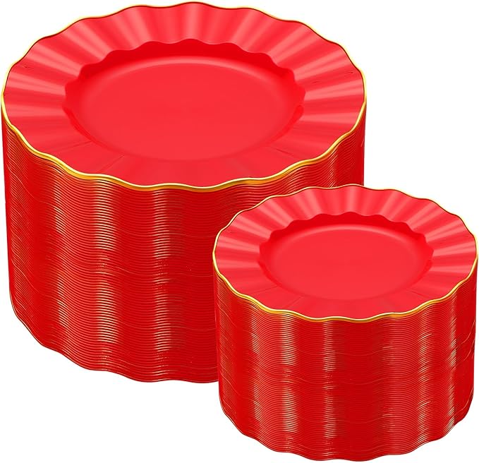 60Pcs Heavy Weight Red Plastic Plates with Gold Trim, Heavy Duty Red and Gold Christmas Plates, Elegant Disposable Plate Sets include 30 Dinner & 30 Dessert Plate for Party