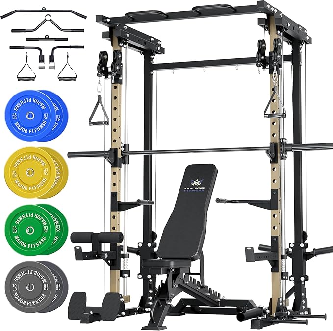 MAJOR FITNESS Drone3 Smith Machine, 2500lbs All-in-One Home Gym Power Rack with Dual Pulley System for Cable Crossover, Pull-Up Bars