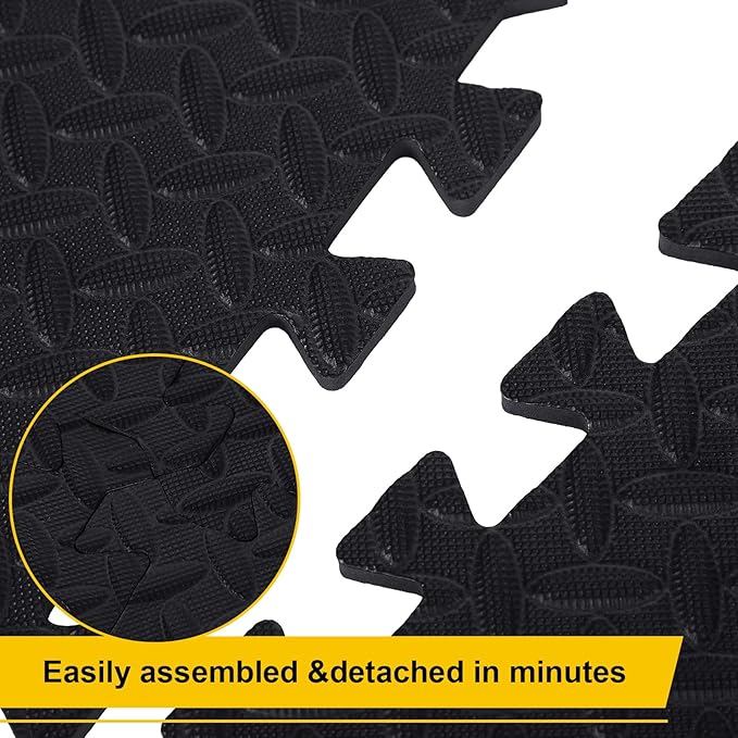 Ecally 200 Pcs 12 x 12 Gym Mat Foam Floor Mats for Home Gym Covers 96 Sq Ft Puzzle Exercise Square Interlocking Carpet Tiles with Border for Workouts Equipment Yoga Pilates (Black)