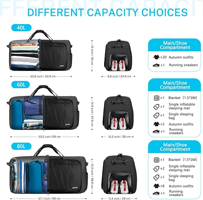 Gonex Large Foldable Travel Duffle Bag with Shoes Compartment, Packable Lightweight Water Repellent Duffel Bag for Camping Gym Weekender Bag
