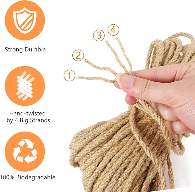 DEDU Sisal Rope 1/4 Inch X 100 Ft, Natural Hemp Rope Twine Twisted 4 Strand, Idea for Crafts Heavy Duty Multipurpose for Cat Scratcher, Docks, DIY Projects.