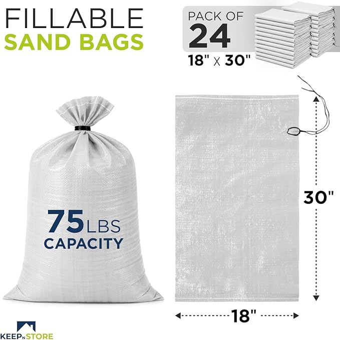 Heavy Duty Sand Bags Pack of 24, White Empty Sandbags with Built-In Ties, Woven Polypropylene UV Protection 1600 Hours, Fillable Bags for Flood Control, Weight, 18x30 inches, 75 Pounds Volume