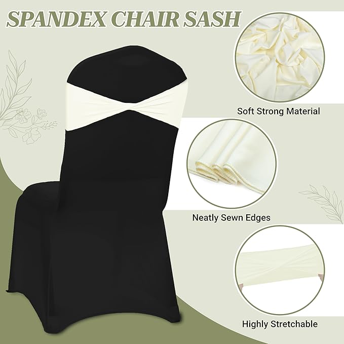 MDS Pack of 50 Spandex Chair Sashes Bows Elastic Stretch Dining Chair Bands Ties Without Slider Buckle Universal fits for Wedding Baby Shower Birthday Party Banquet Event Decoration - Ivory