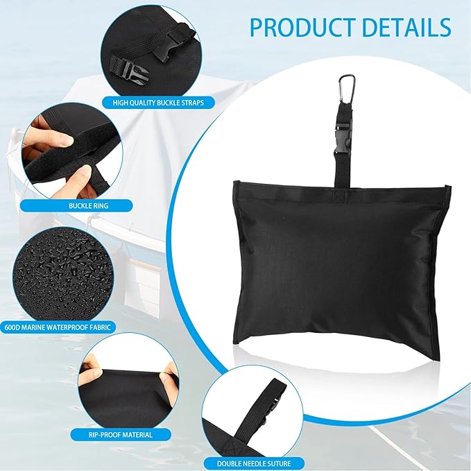 Soulchen Sand Bag for Boat Covers 8/10/12 Pcs Sandbag Mooring Kit Tear-Resistant Weight Sandbag Windproof Weighted Sand Bag Tarp Weight with Carabiner and Tarp Clip Accessories