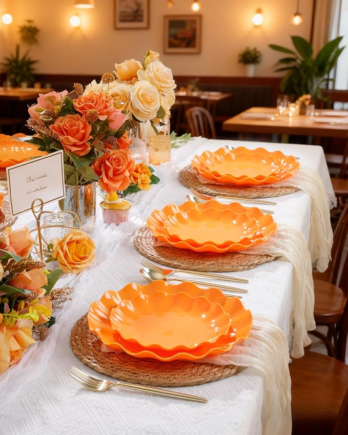LIYH 24 Pcs Orange Plastic Plates Reusable Orange Plates Scalloped Plastic Plate for Holiday Party Dishwasher Safe Sturdy Reusable (12 Guests) Suitable for Holiday Gatherings