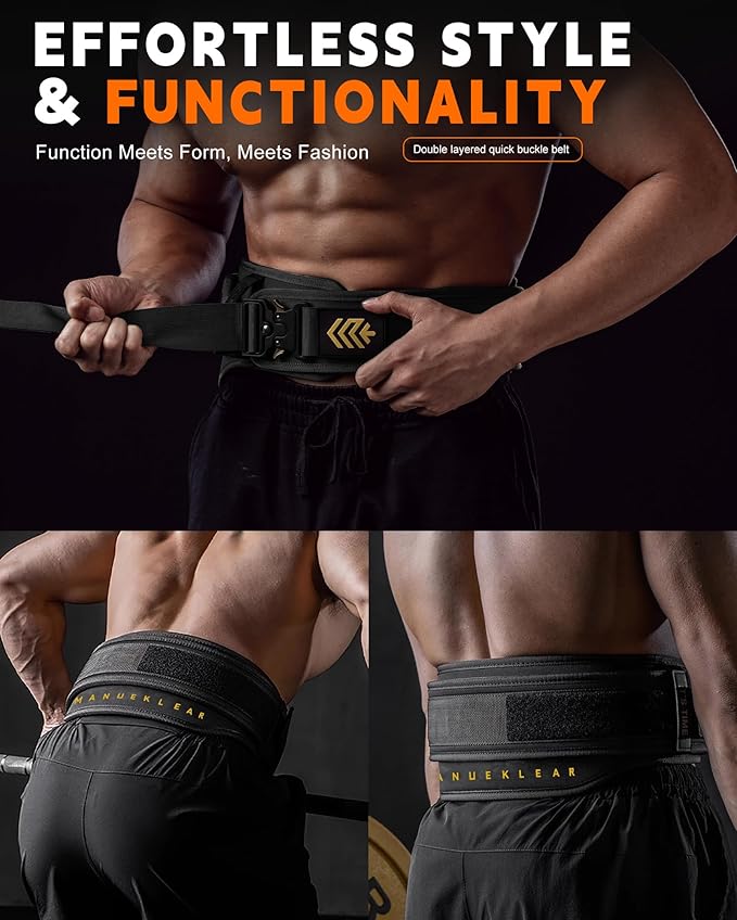 MANUEKLEAR Weight Lifting Belts for Men and Women, Gym Weight Belt with Carabiner Quick Locking, Double-Layer Weightlifting Belt for Workout Squat Powerlifting Deadlift