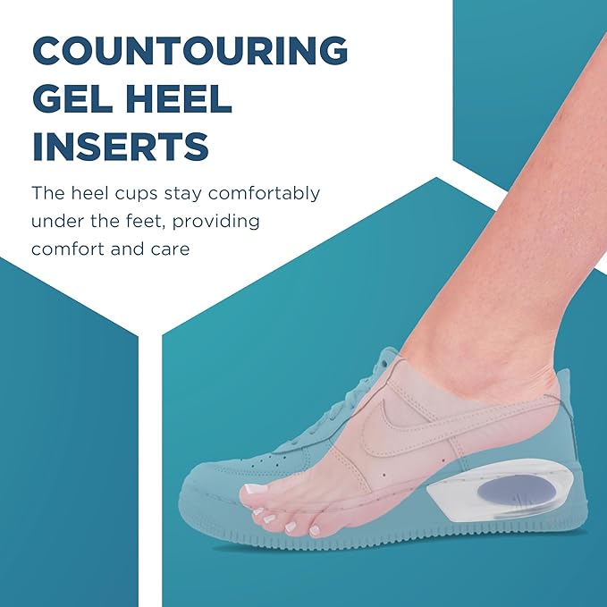 Heel Cups for Achilles Tendonitis & Plantar Fasciitis - 2 Pack Gel Shoe Inserts for Heel Pain Relief, Arch Support, for Women & Men