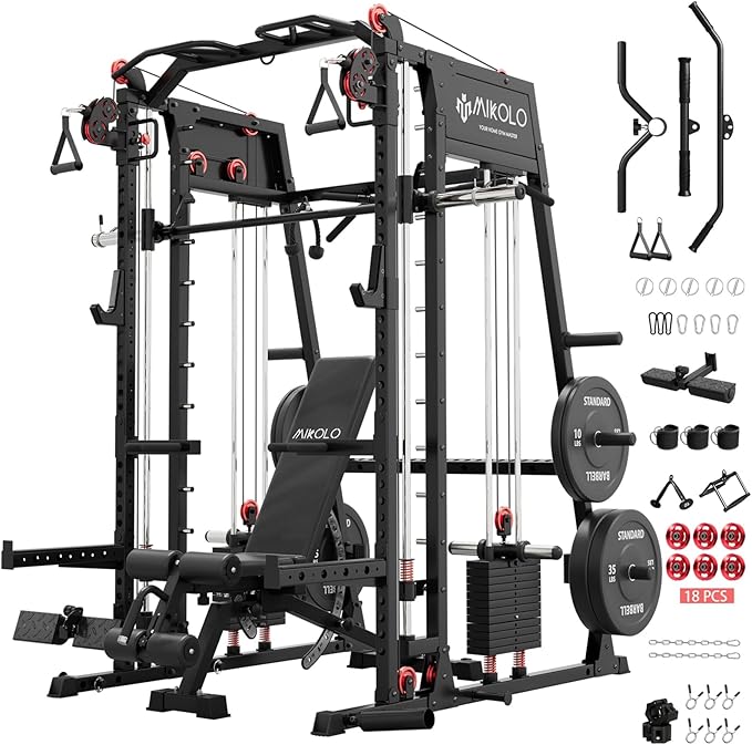 Mikolo M4 2.0 Smith Machine, 2200lbs Squat Rack with LAT-Pull Down System & Cable Crossover Machine, Training Equipment with Leg Hold-Down Attachment