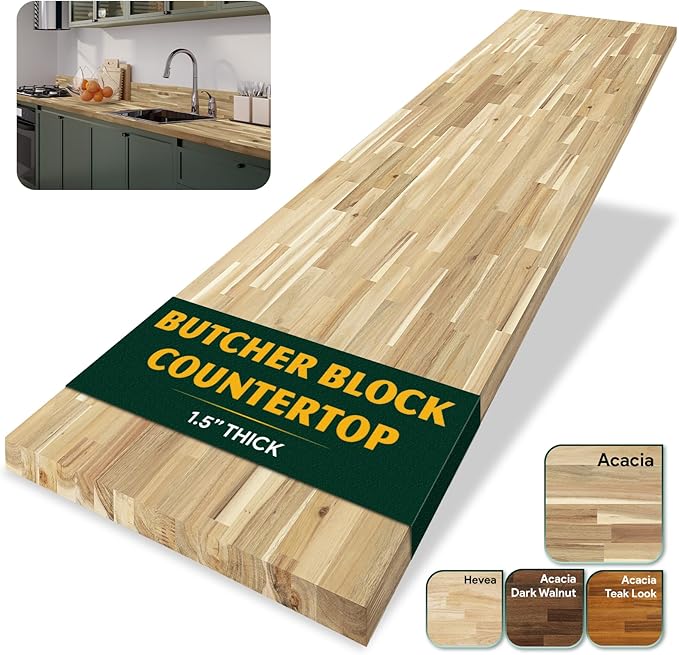Howizz Acacia Butcher Block Countertop 96 x 25 x 1.5 Inches, Unfinished Solid Wood Table Top for DIY Desk Top, Workbench Top, Kitchen Countertop