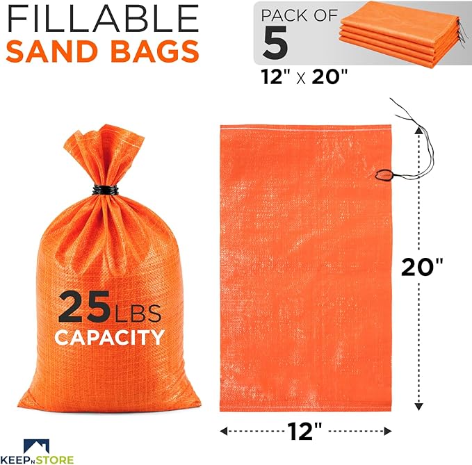 Heavy Duty Sand Bags Pack of 5, Bright Orange Empty Sandbags with Built-In Ties, Woven Polypropylene UV Protection 1600 Hours, Fillable Bags for Flood Control, Weight, 12x20 inches, 25 Pounds Volume