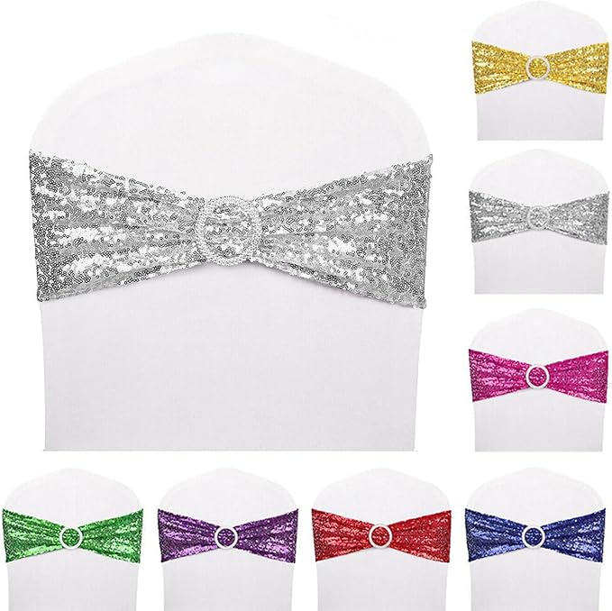 Dimatic 25 PCS Stretch Sequin Chair Sashes Chair Stretchy Spandex Bands for Wedding Reception Events Banquets Chairs Decoration (Silver)