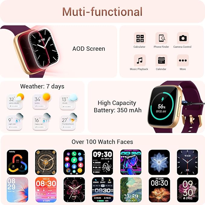 Smart Watch for Women, 1.85" AMOLED Always-On Display Screen Smartwatch for iPhone & Android, 3ATM Waterproof Fitness Tracker with Bluetooth Call, Heart Rate/Sleep/SpO2 Monitor, 100+ Sport Modes