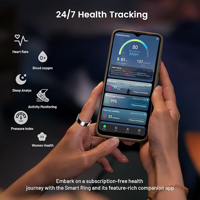 Mirlray Smart Ring for Women & Men, Smart Ring Health Tracker, Blood Oxygen & Heart Rate Monitor, Long Lasting Battery Sleep Ring, Waterproof Fitness Ring (Silver, 8)